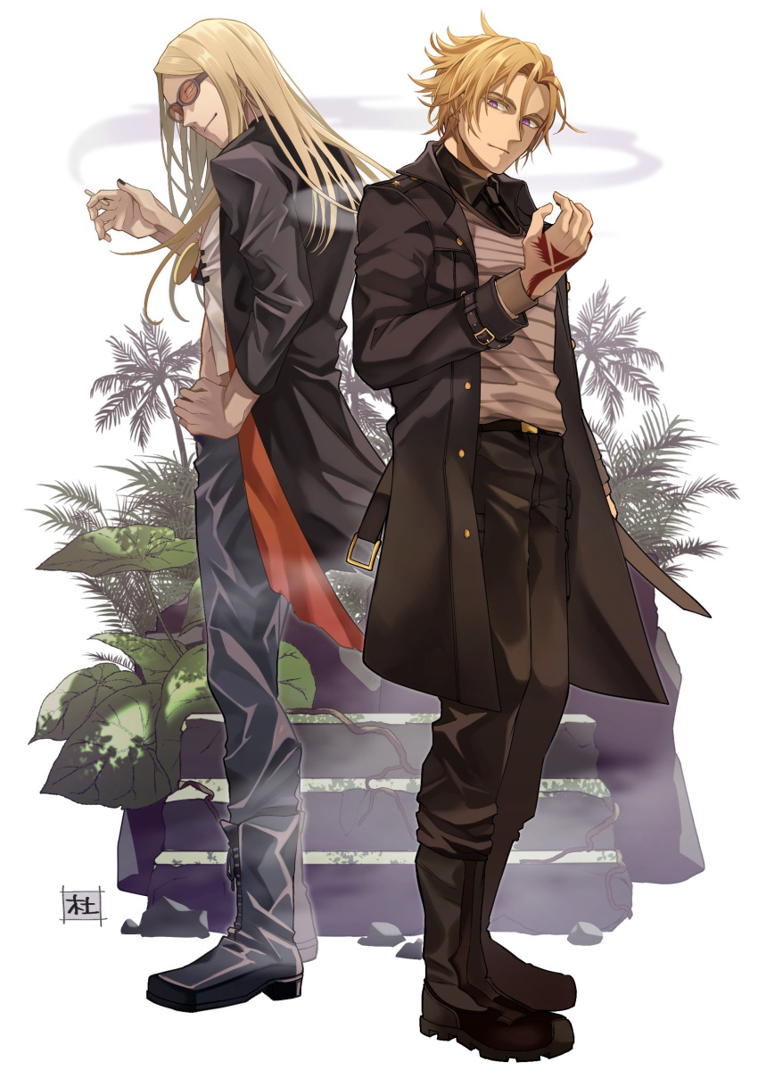 2boys absurdres aqua_eyes back-to-back belt black_belt black_coat black_footwear black_nails black_necktie black_pants black_shirt blonde_hair boots cigarette closed_mouth coat collared_shirt command_spell daybit_sem_void fate/grand_order fate_(series) flapper_shirt full_body grey_sweater hair_between_eyes hair_strand hand_on_own_hip highres holding holding_cigarette light_smile long_hair looking_at_viewer looking_back male_focus midriff morita_yuu moss multiple_boys necktie open_clothes open_coat orange-tinted_eyewear palm_tree pants parted_bangs plant purple_eyes shirt short_hair smile smoke stairs standing striped striped_sweater sunglasses sweater tezcatlipoca_(fate) tinted_eyewear tree white_background white_shirt