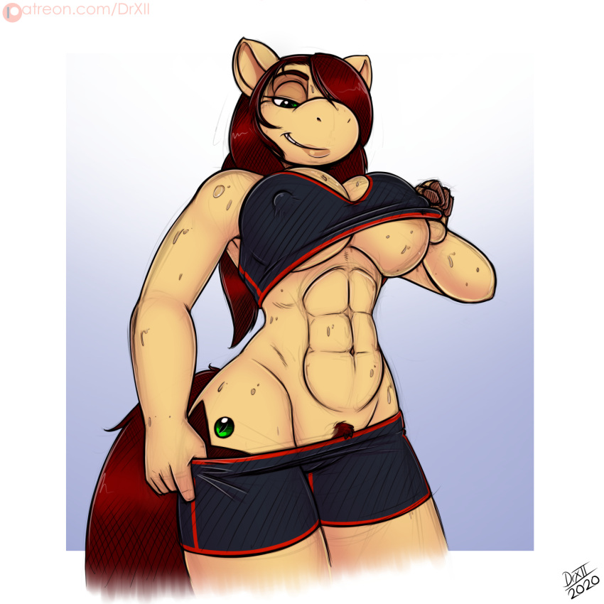 1:1 2020 abs anthro bodily_fluids breasts clothed clothing cutie_mark digital_media_(artwork) drxii equid equine female fur green_eyes hair hasbro hi_res horse mammal muscular muscular_anthro my_little_pony pony simple_background smile solo starry-eyed_surprise sweat under_boob workout_clothes
