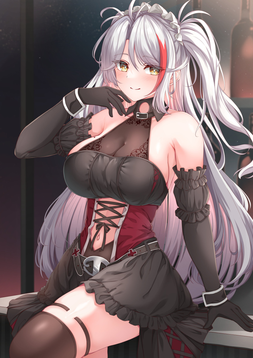 1girl absurdres arm_support azur_lane bare_shoulders black_dress black_gloves black_sleeves black_thighhighs breasts cleavage closed_mouth collarbone commentary_request commission detached_sleeves dress elbow_gloves frilled_dress frills gloves highres large_breasts long_hair looking_at_viewer moyoron multicolored_hair one_side_up parted_bangs prinz_eugen_(azur_lane) prinz_eugen_(kindred_evening_spirits)_(azur_lane) puffy_short_sleeves puffy_sleeves red_hair short_sleeves skeb_commission sleeveless sleeveless_dress smile solo streaked_hair thighhighs very_long_hair white_hair yellow_eyes