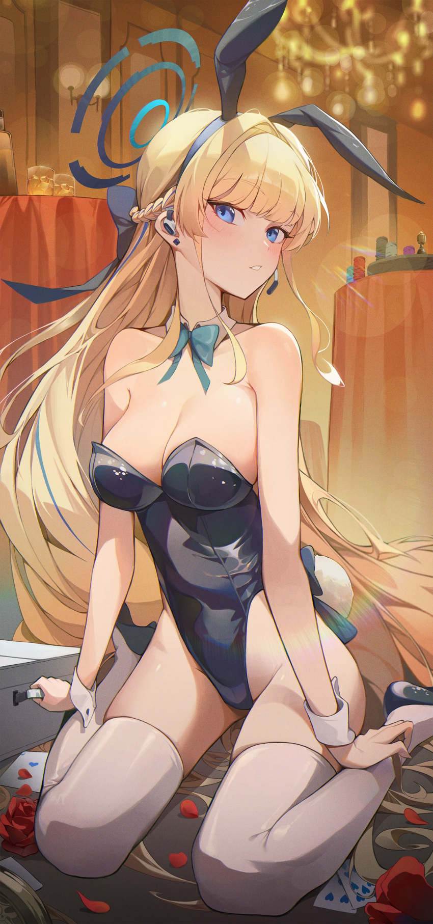 1girl absurdres animal_ears aqua_bow aqua_bowtie bare_shoulders blonde_hair blue_archive blue_eyes blue_hairband blue_leotard bow bowtie braid breasts card detached_collar earpiece fake_animal_ears fake_tail flower hairband halo highleg highleg_leotard highres holding_case leotard long_hair looking_at_viewer medium_breasts multicolored_hair ninebell official_alternate_costume petals playboy_bunny rabbit_ears rabbit_tail sitting solo strapless strapless_leotard streaked_hair tail thighhighs toki_(blue_archive) toki_(bunny)_(blue_archive) very_long_hair wariza white_thighhighs wrist_cuffs