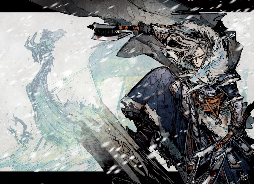 1boy akagishi_k armor artist_name axe black_footwear black_gloves bracer brown_eyes brown_hair coat dated dual_wielding fur_trim gloves grey_background highres holding long_hair longboat looking_at_viewer outdoors pelt pixiv_fantasia pixiv_fantasia_last_saga sigtor_the_fang_axe snow solo standing wolf_pelt