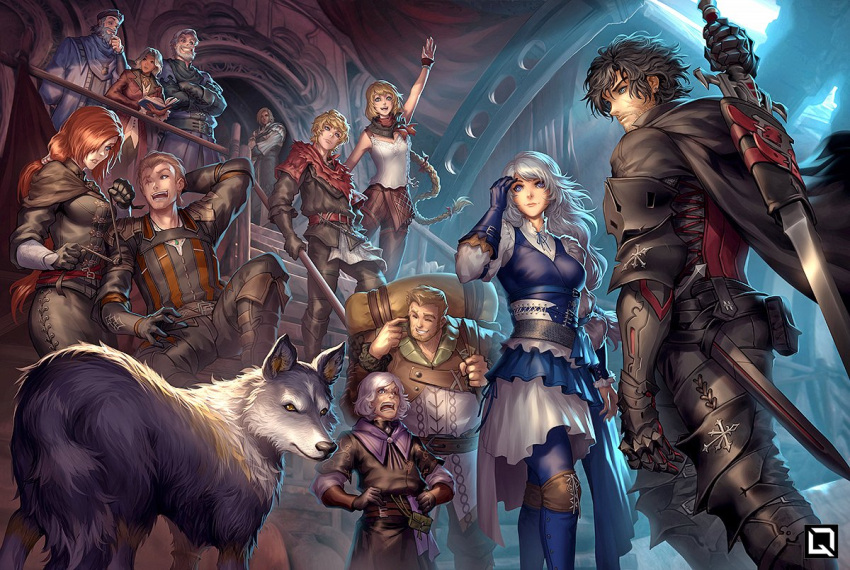 5girls 6+boys arm_up beard braid braided_ponytail byron_rosfield cape charon_(ff16) clive_rosfield dion_lesage facial_hair final_fantasy final_fantasy_xvi gav_(ff16) goetz_(ff16) harpocrates_ii_hyperboreios jill_warrick joshua_rosfield kuroi-tsuki midadol_telamon multiple_boys multiple_girls scar scar_on_face sitting smile stairs sword tarja_(ff16) torgal_(ff16) vivian_ninetails weapon weapon_on_back wolf