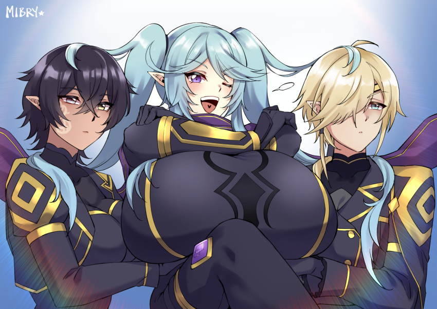 3girls alternate_breast_size artist_name black_bodysuit black_gloves black_hair blonde_hair blue_eyes blue_hair bodysuit breast_padding breasts brown_eyes closed_mouth commentary crossed_arms dark-skinned_female dark_skin elf epsilon_(kage_no_jitsuryokusha_ni_naritakute!) gloves hair_over_one_eye huge_breasts kage_no_jitsuryokusha_ni_naritakute! kai_(kage_no_jitsuryokusha_ni_naritakute!) long_sleeves looking_away meme mibry_(phrysm) multiple_girls omega_(kage_no_jitsuryokusha_ni_naritakute!) one_eye_closed one_eye_covered open_mouth pointy_ears purple_eyes servants_holding_aphrodite's_breasts_(meme) short_hair shuumatsu_no_valkyrie smile swept_bangs teeth twintails upper_teeth_only