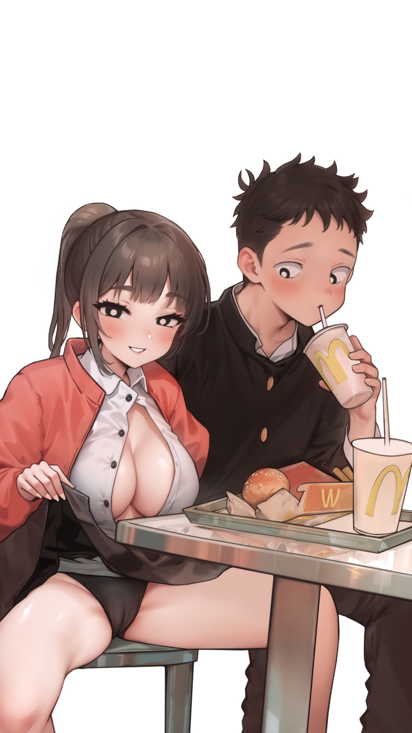1boy 1girl black_hair black_jacket black_pants black_skirt blush bow bowtie boyfriend_(yoru_mac) breasts cameltoe chicken_nuggets commentary cup disposable_cup english_commentary fast_food food french_fries girlfriend_(yoru_mac) grey_bow grey_bowtie grin highres jacket large_breasts long_hair looking_at_viewer mcdonald's nose_blush open_clothes open_shirt panties pants pleated_skirt ponytail red_jacket rightsorcerer school_uniform self-upload shirt short_hair simple_background sitting skirt smile sweatdrop unbuttoned unbuttoned_shirt underwear white_background white_shirt yoru_mac