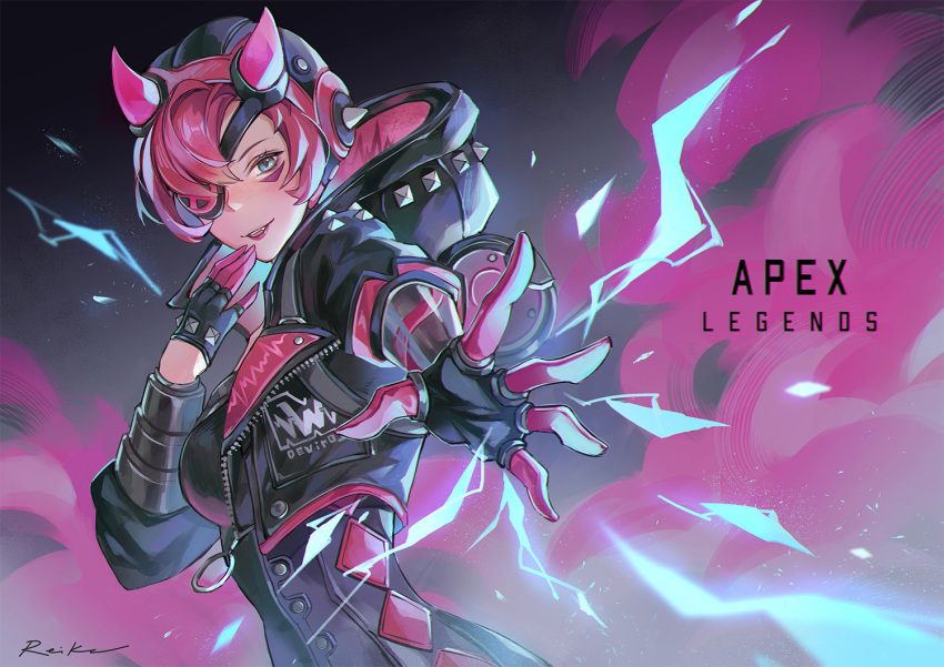 1girl apex_legends black_gloves black_headwear black_jacket breasts cyber_punked_wattson fang from_side gloves horns jacket looking_at_viewer medium_breasts official_alternate_costume one_eye_covered pink_gloves pink_hair shiro-hane solo two-tone_gloves upper_body wattson_(apex_legends)