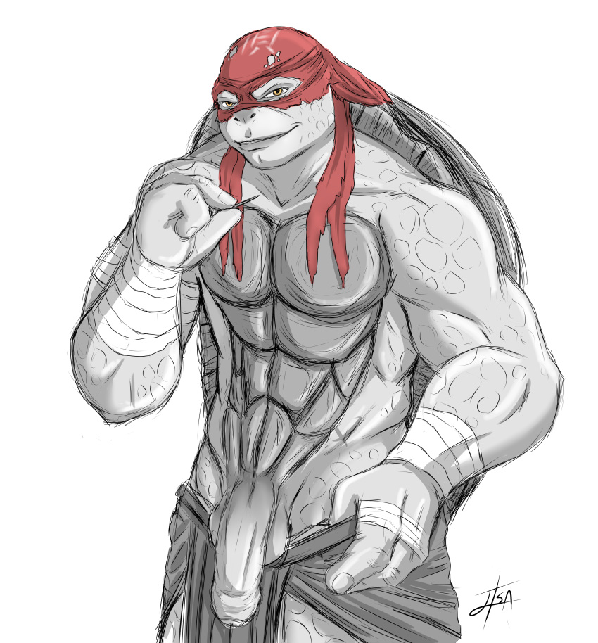 absurd_res anthro bakameganekko balls biceps genitals hi_res male mask muscular muscular_anthro muscular_male penis raphael_(tmnt) reptile scalie solo teenage_mutant_ninja_turtles teenage_mutant_ninja_turtles_(2014) turtle