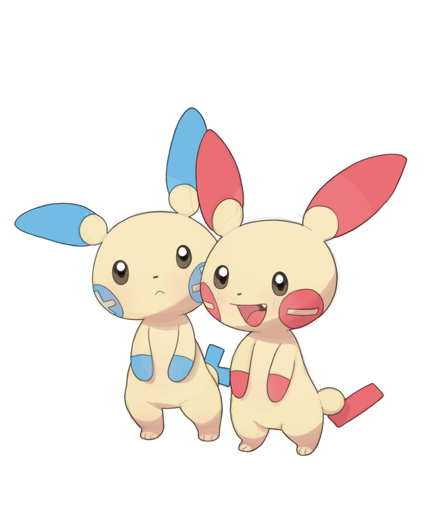 ambiguous_gender blue_cheeks blue_ears blue_tail blush brown_eyes duo generation_3_pokemon hi_res minun nintendo plusle pokemon pokemon_(species) possummachine red_cheeks red_ears red_hands red_tail simple_background tail white_background yellow_body