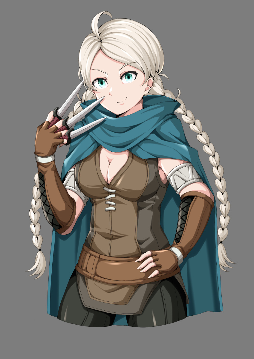 1girl absurdres ahoge braid breasts cleavage commission commissioner_upload facing_viewer fire_emblem fire_emblem_awakening fire_emblem_fates gloves hand_on_own_hip highres holding holding_knife knife leather leather_gloves looking_at_viewer low_twin_braids medium_breasts nina_(fire_emblem) non-web_source parted_bangs smile solo throwing_knife twin_braids villager_c weapon white_hair