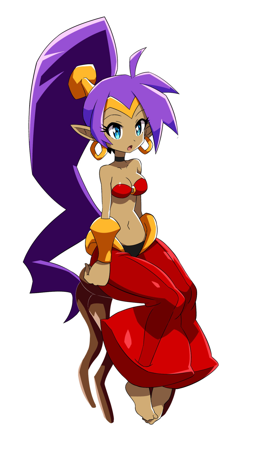 2023 absurd_res barefoot blue_eyes breasts cleavage clothed clothing ear_piercing ear_ring feet female genie hair hi_res humanoid humanoid_pointy_ears long_hair niyuyu not_furry open_mouth piercing ponytail purple_hair ring_piercing shantae shantae_(series) simple_background sitting solo tan_body tan_skin toes wayforward white_background