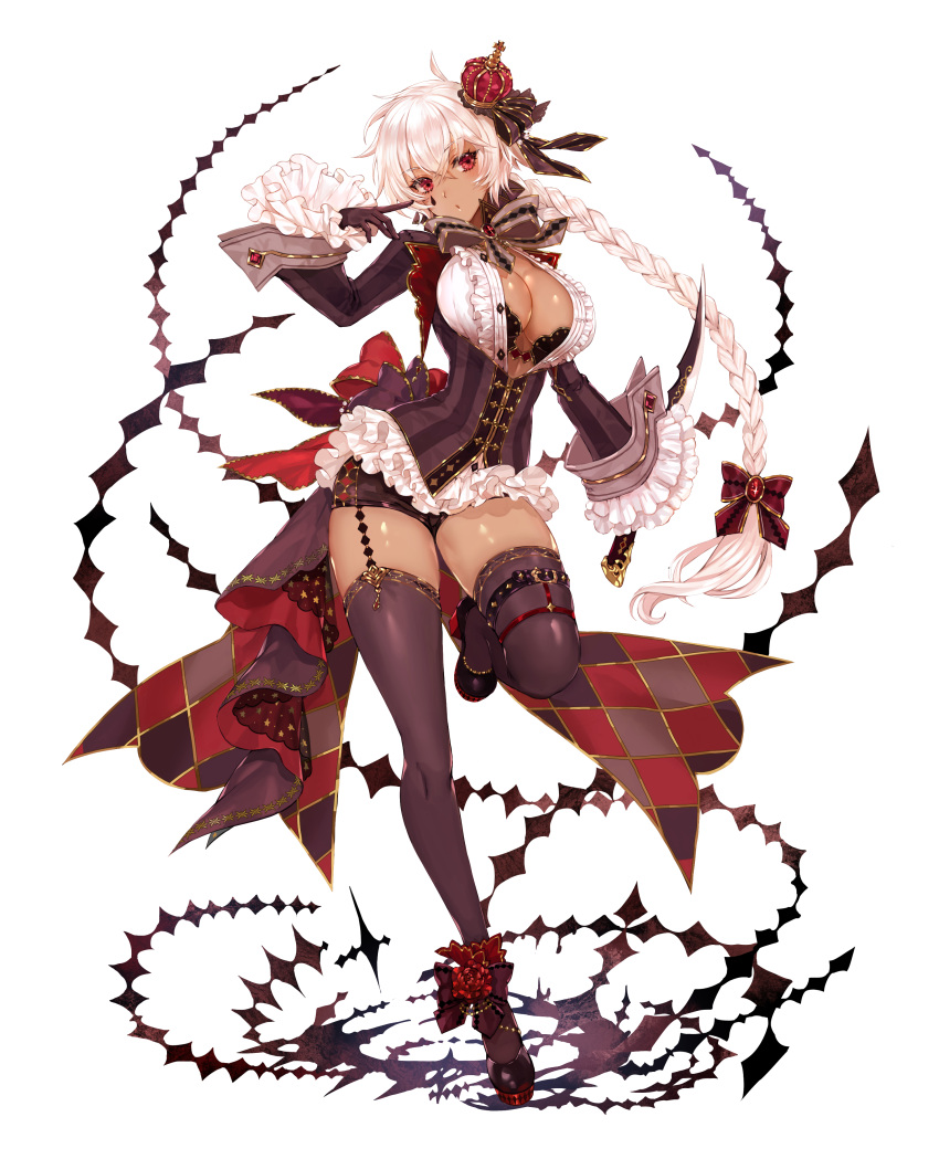 1girl absurdres apt argyle bow bra braid breasts cleavage crown dark-skinned_female dark_skin frilled_shirt frilled_sleeves frills full_body garter_straps gloves hair_bow hair_ribbon highres holding holding_knife holding_weapon jacket knife large_breasts long_hair long_sleeves mini_crown open_clothes open_jacket open_shirt original parted_lips partially_unbuttoned red_eyes ribbon shirt shoes short_shorts shorts simple_background single_braid solo standing standing_on_one_leg teardrop_facial_mark thigh_strap thighhighs thighs underwear weapon white_background white_hair