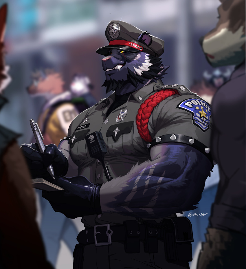 2023 absurd_res anthro armband beard belt biceps black_body black_clothing black_fur black_gloves black_hair black_handwear character_name clothing eye_scar facial_hair facial_scar fangs felid flexor_carpi fur gloves grey_body grey_clothing grey_fur grey_shirt grey_topwear hair handwear hi_res holding_object holding_pen male mammal multicolored_body multicolored_fur muscular muscular_anthro muscular_male notebook pantherine pen police_badge police_hat police_officer police_uniform racha_(suck-nis) scar shirt short_sleeves smile solo spiked_armband spikes striped_body striped_fur stripes suck-nis teeth tiger topwear two_tone_body two_tone_fur uniform utility_belt white_hair writing_notes yellow_eyes