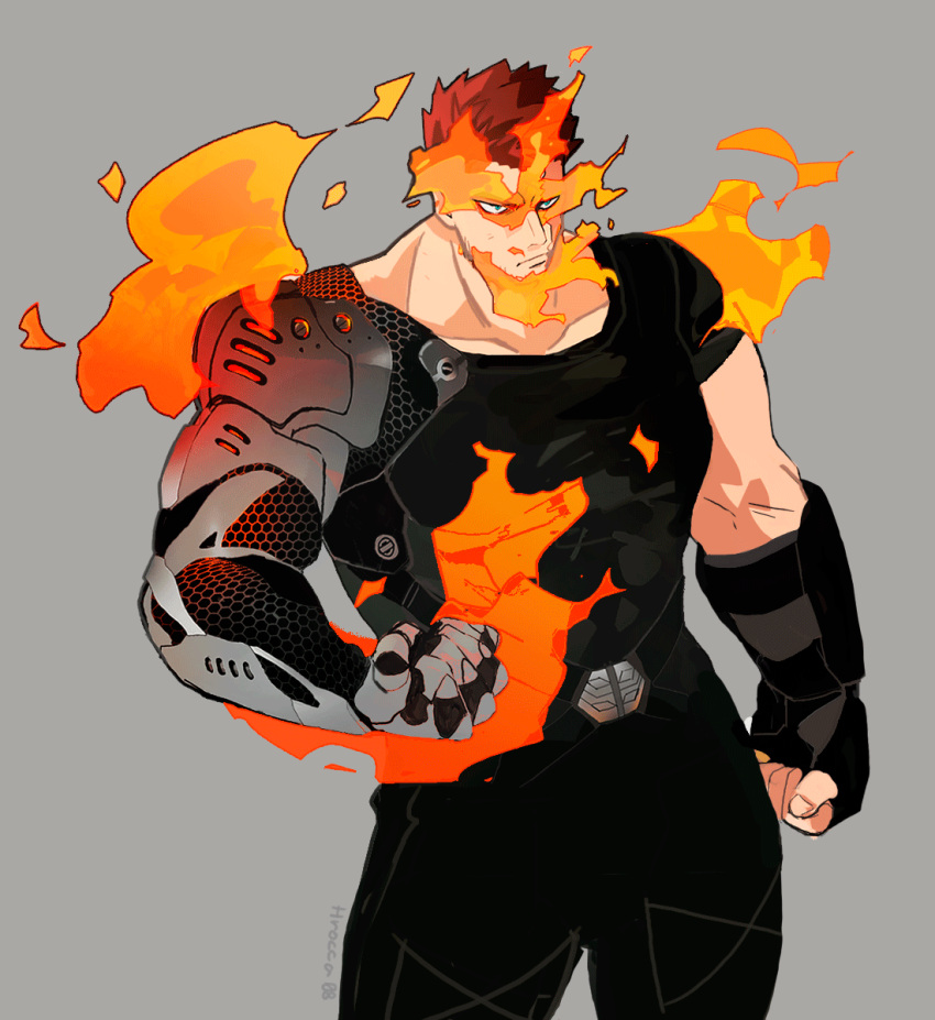 1boy bara bionic black_pants black_shirt blue_eyes boku_no_hero_academia clenched_hand endeavor_(boku_no_hero_academia) fire highres horocca male_focus mechanical_arms muscular muscular_male pants red_hair shirt short_hair silver_background simple_background solo