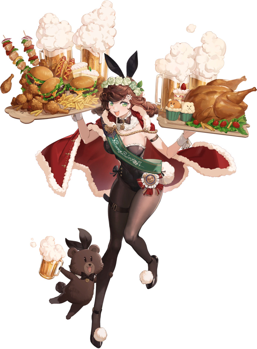 1girl animal_ears bear beer_mug black_bow black_bowtie black_leotard bow bowtie braid breasts brown_hair brown_pantyhose bunny_bunny_(reverse:1999) burger cake cape cheese chicken_leg cleavage cup cupcake detached_collar food fur-trimmed_cape fur_trim green_sash hair_bow head_wreath highres holding holding_tray hot_dog large_breasts leotard lettuce looking_at_viewer mug official_art open_mouth pantyhose playboy_bunny rabbit_ears rabbit_tail red_bow red_cape reverse:1999 sash skewer smile solo standing standing_on_one_leg tachi-e tail third-party_source too_much_food transparent_background tray turkey_(food) twin_braids wrist_cuffs