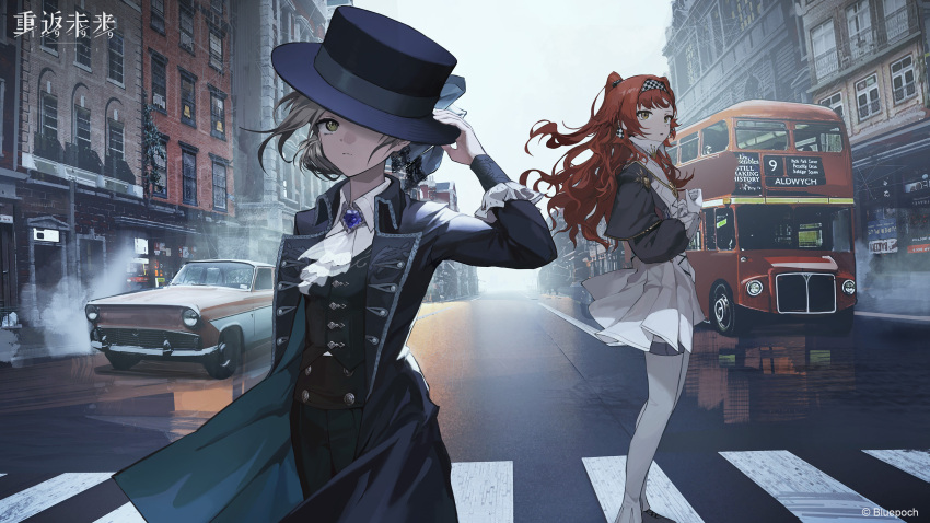 2girls black_coat blonde_hair brooch building bus car coat double-decker_bus dress fog formal frilled_dress frills green_eyes hat highres jewelry london motor_vehicle multiple_girls outdoors red_hair reflection reverse:1999 road sonneto_(reverse:1999) standing steam street suit thighhighs tuxedo vertin_(reverse:1999) white_thighhighs yellow_eyes yetecong