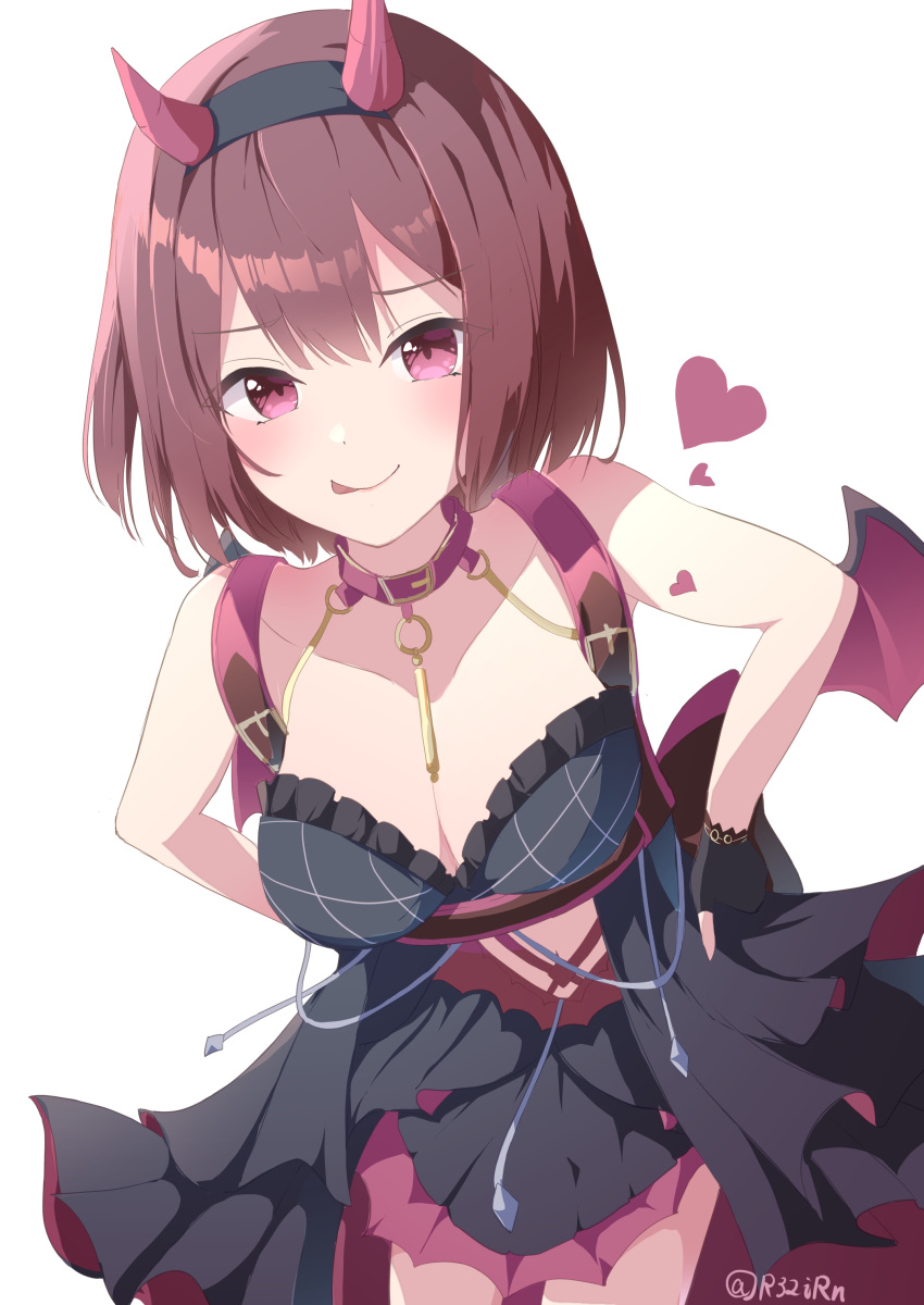 1girl :q absurdres bare_shoulders black_dress black_gloves blush bob_cut breasts chest_harness cleavage closed_mouth collar collarbone cowboy_shot demon_horns demon_wings dot_nose dress fake_horns fake_wings fingerless_gloves gloves hair_between_eyes hands_on_own_hips harness heart highres horns ibuki_nagisa idoly_pride large_breasts pink_collar pink_eyes pleated_dress raised_eyebrows red_hair rj_edward_(artist) short_hair sidelocks simple_background smile solo tongue tongue_out watermark white_background wings