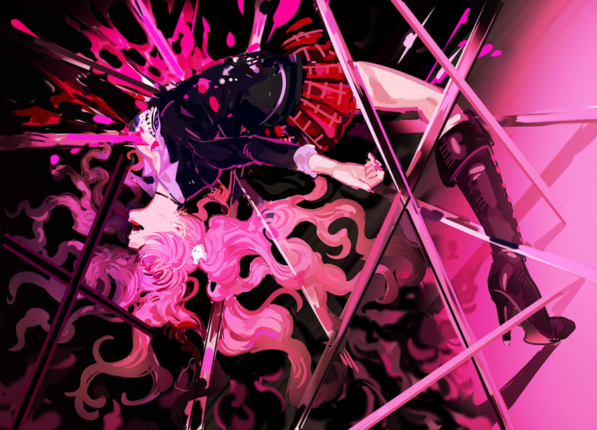 1girl :d bear_hair_ornament black_background black_choker black_shirt blood boots breasts choker cleavage danganronpa:_trigger_happy_havoc danganronpa_(series) enoshima_junko fangs from_side hair_ornament high_heel_boots high_heels impaled knee_boots koby long_hair medium_breasts miniskirt multicolored_hair open_mouth pink_background pink_blood pink_hair plaid plaid_skirt pleated_skirt polearm red_skirt shirt skirt smile solo spear teeth two-tone_hair upper_teeth_only weapon