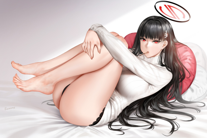 1girl ass barefoot black_hair black_panties blue_archive blunt_bangs breasts bright_pupils easonx food_in_mouth hair_ornament hairclip highres huge_breasts long_hair long_sleeves lying on_back panties pocky_in_mouth red_eyes rio_(blue_archive) solo sweater turtleneck turtleneck_sweater underwear very_long_hair white_sweater