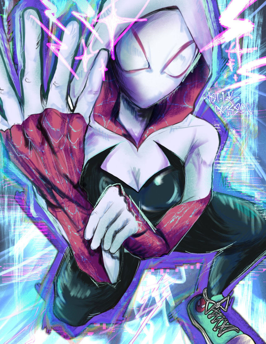 1girl adjusting_clothes adjusting_gloves aqua_footwear bodysuit breasts gloves gwen_stacy highres hood hooded_bodysuit jellycaaakes looking_at_viewer marvel medium_breasts skin_tight spider-gwen spider-man:_across_the_spider-verse spider-man:_into_the_spider-verse spider-man_(series) spider_web_print superhero