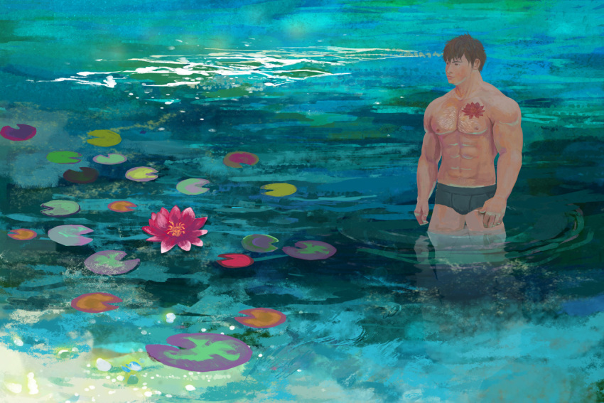 1boy abs acrylic_paint_(medium) arms_at_sides bara black_male_underwear briefs brown_hair bulge chest_hair flower flower_on_chest from_above large_pectorals leaf lily_pad long_sideburns looking_ahead lotus lotus_leaf male_focus male_underwear moss muscular muscular_male nature navel nipples original outdoors painting_(medium) pectorals pink_flower pond scenery short_hair sideburns solo sparse_chest_hair stomach thick_eyebrows thick_thighs thighs topless_male torajiro_art traditional_media underwear wading water_lily_flower