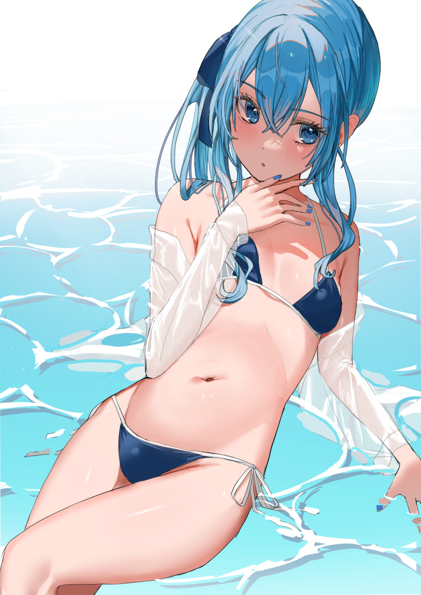 1girl bare_shoulders bikini blue_bikini blue_eyes blue_hair blue_nails blush breasts cleavage hair_between_eyes highres hololive hoshimachi_suisei medium_hair navel open_mouth small_breasts solo stomach swimsuit takeno_omoti virtual_youtuber water