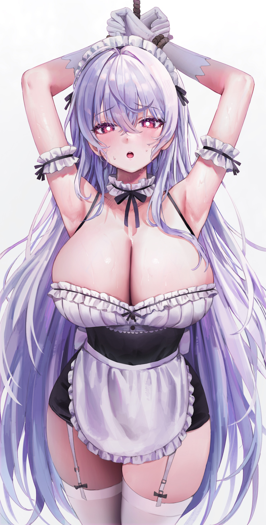 1girl :o absurdres alternate_costume apron arm_garter armpits arms_behind_head arms_up bare_shoulders black_dress bound bound_wrists breasts bright_pupils choker cleavage closers commission cowboy_shot dress enmaided frilled_choker frilled_dress frills garter_straps gloves gompang_11 highres large_breasts long_hair looking_at_viewer maid maid_apron maid_headdress mirae_(closers) open_mouth red_eyes ribbon_choker rope short_dress sleeveless sleeveless_dress solo spaghetti_strap standing sweat thighhighs thighs very_long_hair waist_apron white_gloves white_hair white_pupils white_thighhighs zettai_ryouiki