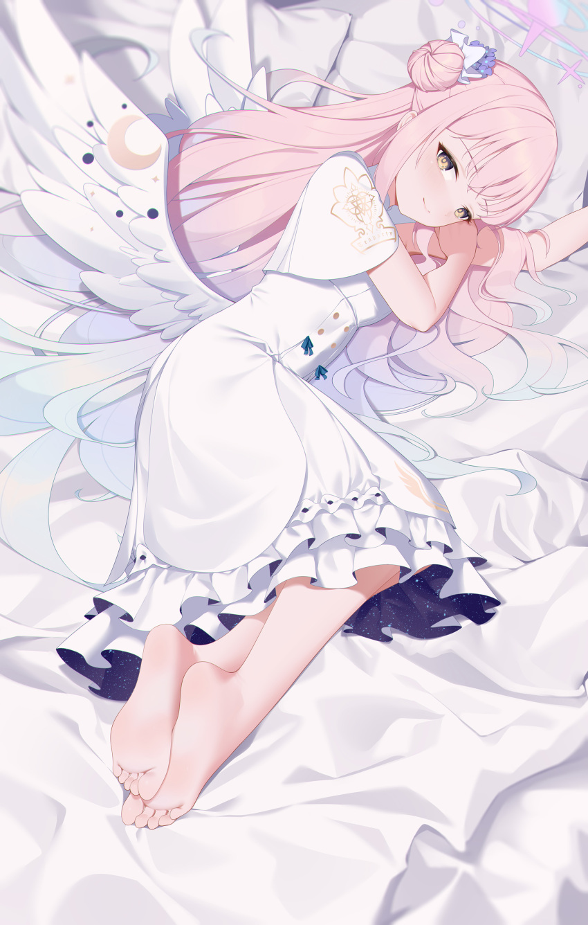 1girl absurdres barefoot bed_sheet bingchuan_xian_yu_huang blue_archive closed_mouth dress frilled_dress frills full_body hair_bun halo highres lying mika_(blue_archive) on_bed on_side pink_hair short_sleeves single_side_bun smile solo white_dress white_wings wings yellow_eyes