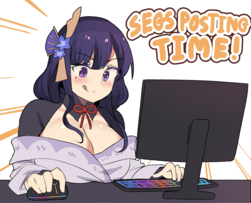1girl :q blunt_bangs bow bowtie breasts bridal_gauntlets cleavage commentary computer english_commentary english_text genshin_impact hair_ornament highres hinghoi japanese_clothes keyboard_(computer) long_hair long_sleeves mole mole_under_eye monitor mouse_(computer) purple_eyes purple_hair raiden_shogun red_bow red_bowtie rgb_lights sidelocks simple_background solo tongue tongue_out wide_sleeves