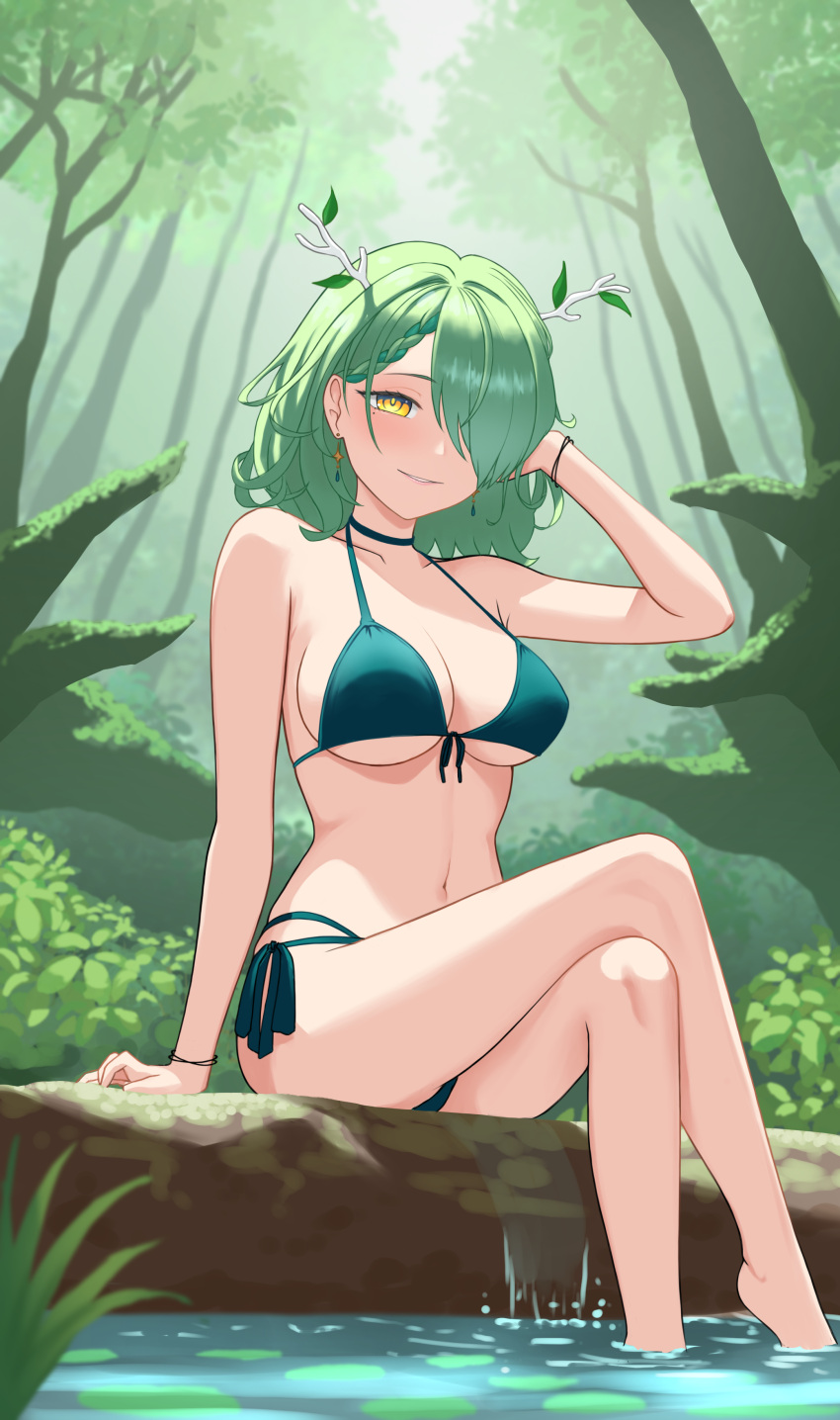 1girl absurdres antlers arm_support bare_arms bare_legs bare_shoulders bikini braid braided_bangs branch breasts bush ceres_fauna choker commentary crossed_legs diptip earrings english_commentary forest front-tie_bikini_top front-tie_top green_bikini green_choker green_hair hair_over_one_eye hand_in_own_hair highres hololive hololive_english jewelry large_breasts legs light_blush looking_at_viewer medium_hair mole mole_under_eye multi-strapped_bikini nature navel one_eye_covered outdoors side-tie_bikini_bottom sitting smile soaking_feet solo stomach swimsuit tree underboob virtual_youtuber water yellow_eyes