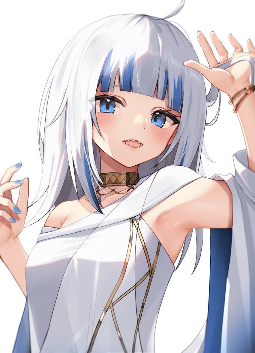 1girl ahoge armpits bare_shoulders blue_eyes blue_hair blunt_bangs blush bracelet collar commentary gawr_gura gawr_gura_(3rd_costume) highres hololive hololive_english jewelry looking_at_viewer medium_hair multicolored_hair nail_polish open_mouth playing_with_own_hair sharp_teeth solo streaked_hair teeth thomas_8000 toga two-tone_hair virtual_youtuber white_background white_hair