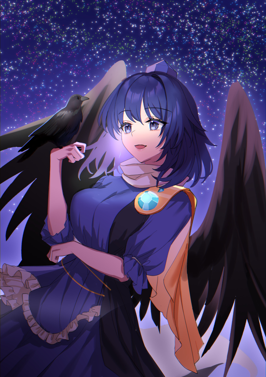 1girl absurdres bird bird_girl bird_on_hand bird_wings blue_eyes blue_hair blue_headwear blue_shirt blue_skirt crow highres iizunamaru_megumu kanta_(pixiv9296614) night night_sky shirt short_hair skirt sky smile solo tengu touhou wings