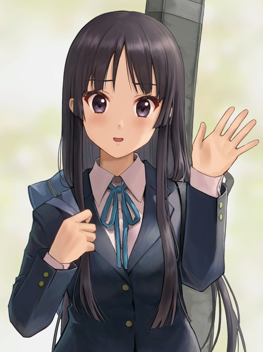 1girl akiyama_mio bag black_eyes black_hair blue_jacket blue_ribbon collared_shirt guitar_case hand_up highres instrument_case ishiyuki jacket k-on! long_hair long_sleeves looking_at_viewer neck_ribbon open_mouth ribbon sakuragaoka_high_school_uniform school_bag school_uniform shirt solo upper_body waving white_shirt