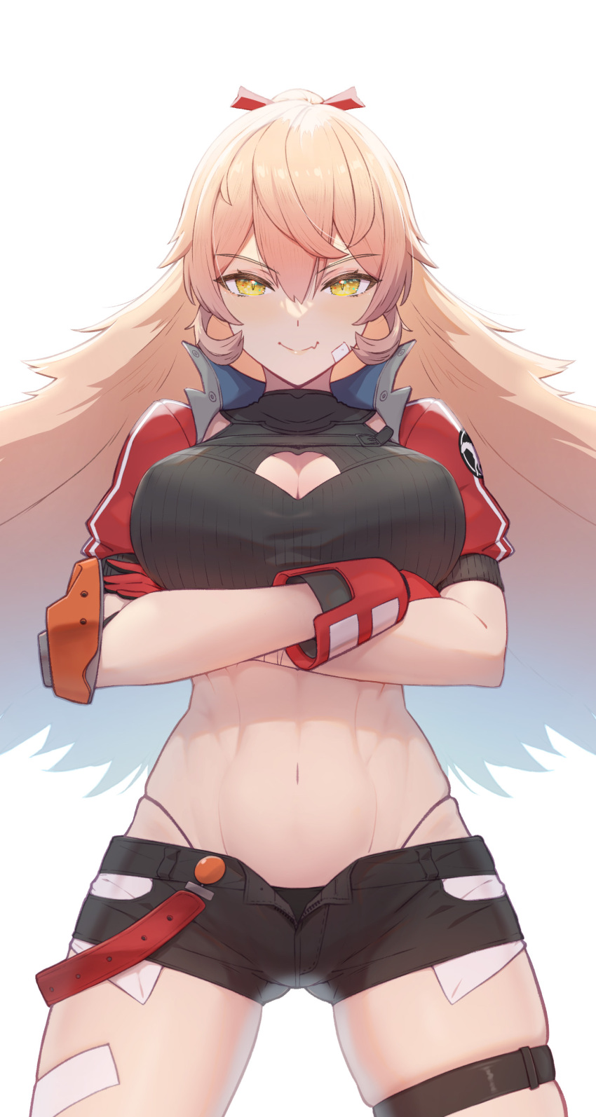 1girl absurdres bandaid bandaid_on_face black_shorts blonde_hair breasts cleavage cleavage_cutout clothing_cutout commentary_request crop_top cropped_jacket crossed_arms elbow_pads fang gloves highres jacket large_breasts long_hair looking_at_viewer midriff navel nijisanji nui_sociere nui_sociere_(5th_costume) open_clothes open_fly open_jacket red_gloves red_jacket short_sleeves shorts simple_background single_elbow_pad skin_fang smile solo stomach thigh_strap virtual_youtuber white_background yellow_eyes yusayusa56561