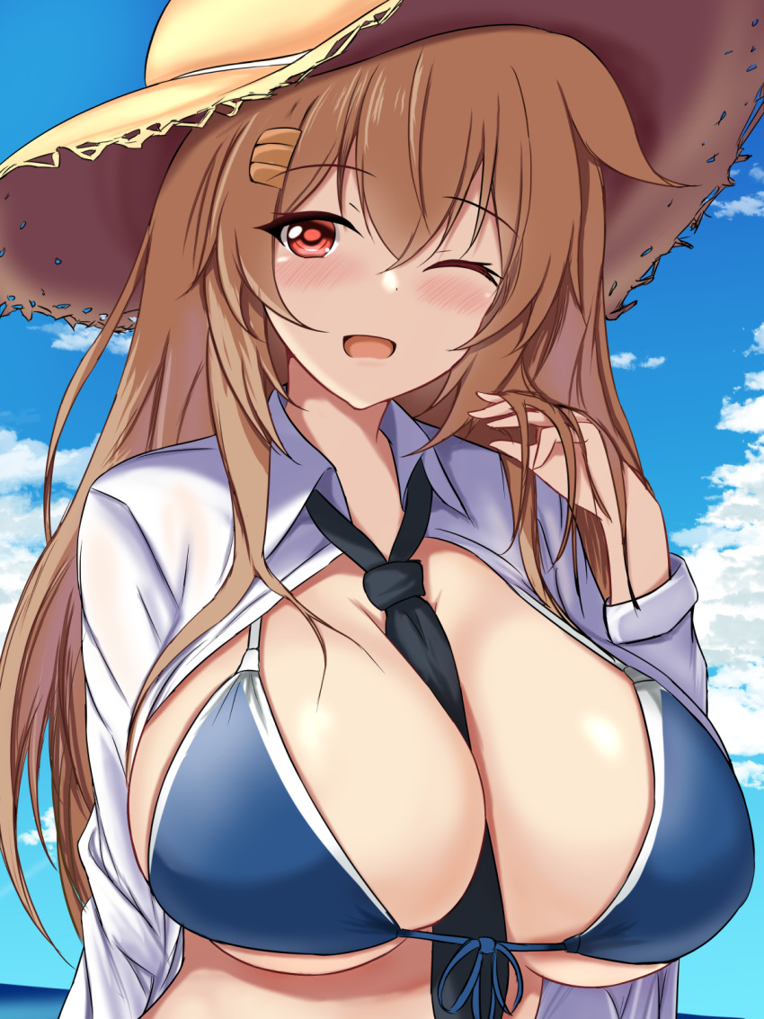 1girl alternate_costume beach between_breasts bikini blue_bikini blue_sky breasts brown_eyes cloud cloudy_sky cosplay day hair_between_eyes hair_flaps hair_ornament hairclip hat highres kantai_collection large_breasts light_brown_hair long_hair looking_at_viewer montemasa murasame_(kancolle) murasame_kai_ni_(kancolle) necktie necktie_between_breasts open_mouth red_eyes shigure_(kancolle) shigure_(kancolle)_(cosplay) shigure_kai_san_(kancolle) shirt sky smile solo sun_hat swimsuit upper_body water white_shirt