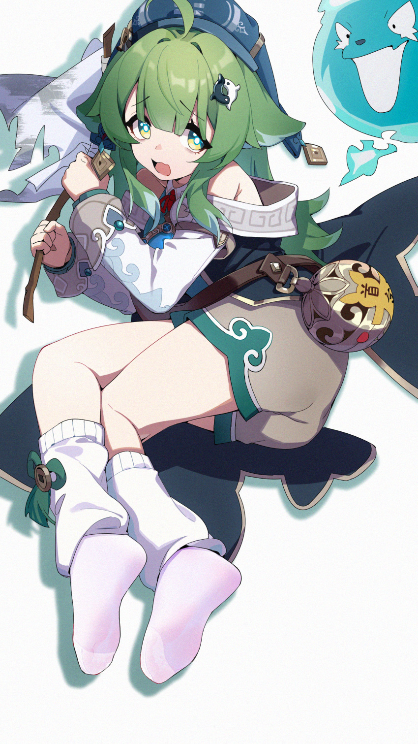 1girl absurdres ahoge animal_ears armpit_crease bare_shoulders belt blue_headwear blunt_bangs brown_belt brown_shorts eyelashes feet flag floppy_ears green_hair grey_background hair_ornament highres holding holding_flag honkai:_star_rail honkai_(series) huohuo_(honkai:_star_rail) inseki11 leg_warmers legs long_hair long_sleeves looking_at_viewer lying no_shoes on_side open_mouth paw-shaped_pupils scared see-through see-through_legwear shadow shorts socks soles solo spirit toes wavy_mouth white_flag white_socks yin_yang yin_yang_hair_ornament