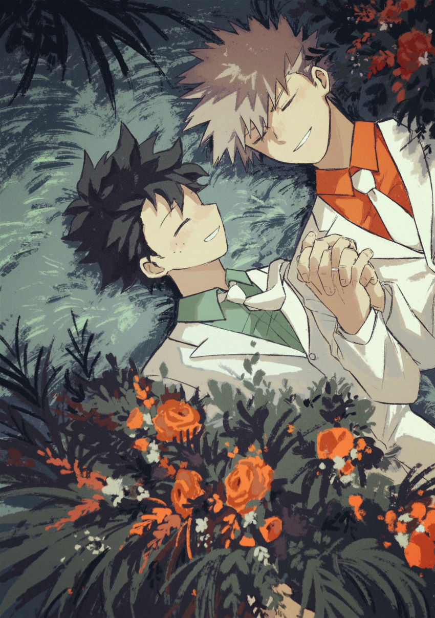 2boys absurdres alternate_hair_color bakugou_katsuki blush boku_no_hero_academia chinese_commentary collared_shirt commentary_request couple da_ning_(llemonyyyy) dutch_angle facing_another facing_to_the_side flower formal freckles green_shirt hairstyle_request hand_up happy highres holding_hands husband_and_husband interlocked_fingers jacket jewelry lapels long_sleeves lying male_focus midoriya_izuku multiple_boys necktie necktie_over_shoulder notched_lapels on_back on_grass on_ground orange_flower outdoors plant profile ring shadow shirt short_hair side-by-side sideburns smile spiked_hair suit turning_head upper_body wedding_ring white_flower white_jacket white_necktie wing_collar yaoi