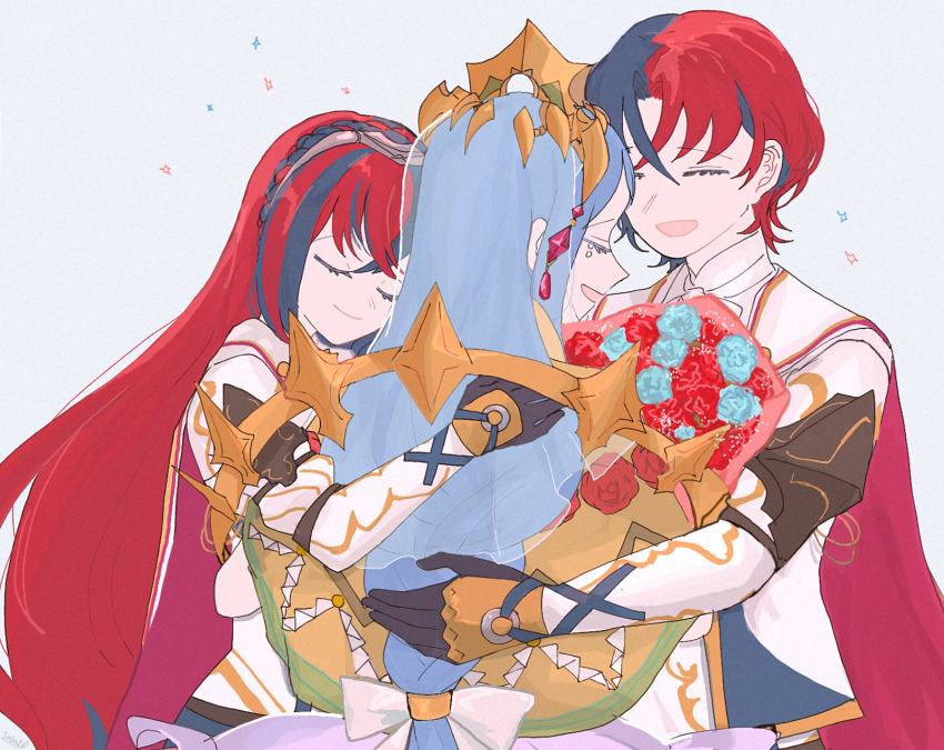 1boy 2girls alear_(female)_(fire_emblem) alear_(fire_emblem) alear_(male)_(fire_emblem) bird black_gloves blue_hair bouquet cape closed_eyes closed_mouth crow d_kenpis fire_emblem fire_emblem_engage flower gloves hair_between_eyes highres holding holding_bouquet hug long_hair long_sleeves lumera_(fire_emblem) mother's_day mother_and_daughter mother_and_son multicolored_hair multiple_girls open_mouth red_hair ribbon short_hair tiara two-tone_hair very_long_hair