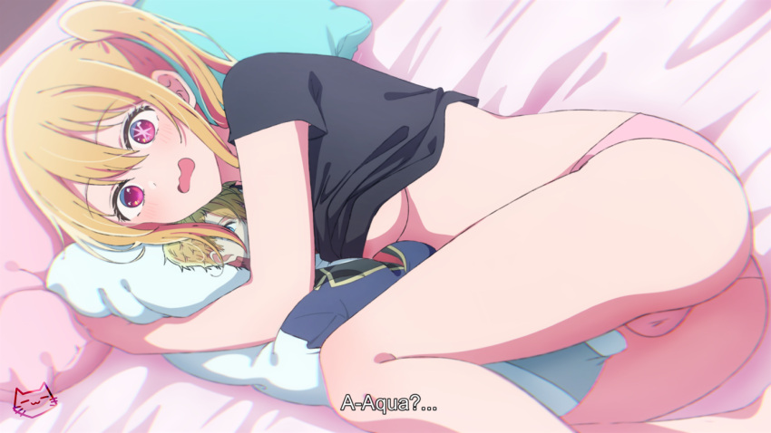 1girl ass black_shirt blonde_hair breasts dakimakura_(object) hoshino_aquamarine hoshino_ruby keihh long_hair looking_at_viewer open_mouth oshi_no_ko panties pillow pink_eyes pink_panties ponytail shirt side_ponytail star-shaped_pupils star_(symbol) symbol-shaped_pupils underwear