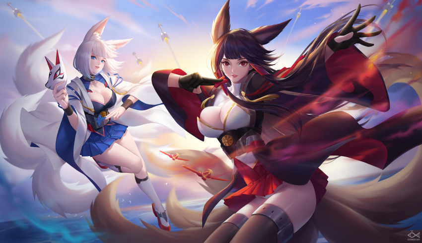 2girls aircraft airplane akagi_(azur_lane) animal_ear_fluff animal_ears arrow_(projectile) azur_lane black_gloves black_kimono black_thighhighs blue_eyes blue_skirt breasts brown_hair citemer cleavage fox_ears fox_girl fox_mask fox_tail gloves highres japanese_clothes kaga_(azur_lane) kimono kitsune kneehighs large_breasts mask multiple_girls ocean partially_fingerless_gloves red_eyes red_footwear red_skirt sakura_empire_(emblem) shikigami skirt socks tail thighhighs white_hair white_kimono white_socks