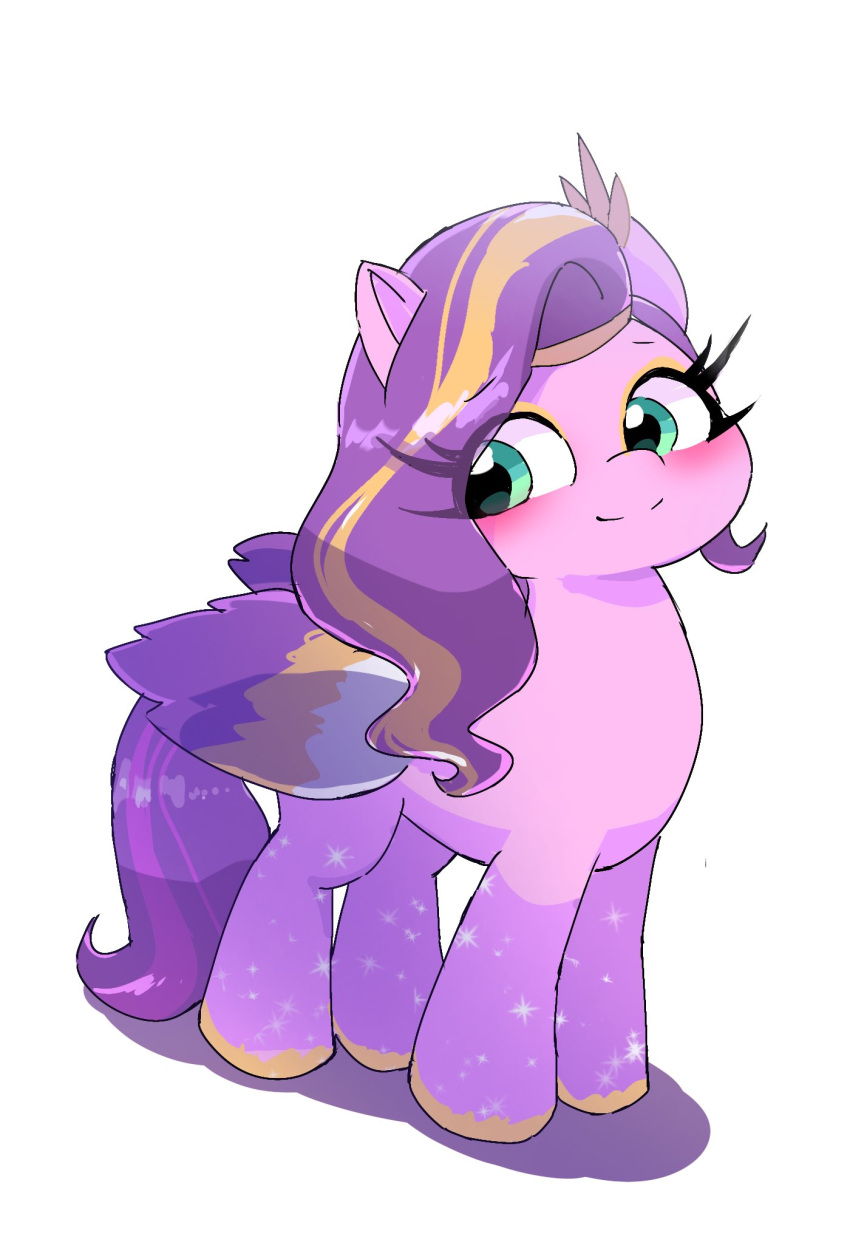 blush crown digital_media_(artwork) equid equine eyelashes feathered_wings feathers female feral folded_wings fur hair hasbro headgear hi_res hooves leo19969525 mammal mlp_g5 multicolored_body multicolored_feathers multicolored_wings my_little_pony pegasus pink_body pink_fur pipp_petals_(mlp) purple_hair purple_tail simple_background smile tail white_background wings