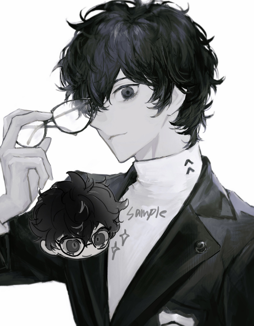 1boy absurdres amamiya_ren black_hair e9_ek3s glasses hair_between_eyes hair_over_one_eye highres jacket long_sleeves looking_at_viewer male_focus monochrome opaque_glasses persona persona_5 removing_eyewear school_uniform shirt short_hair simple_background smile turtleneck upper_body white_background white_shirt