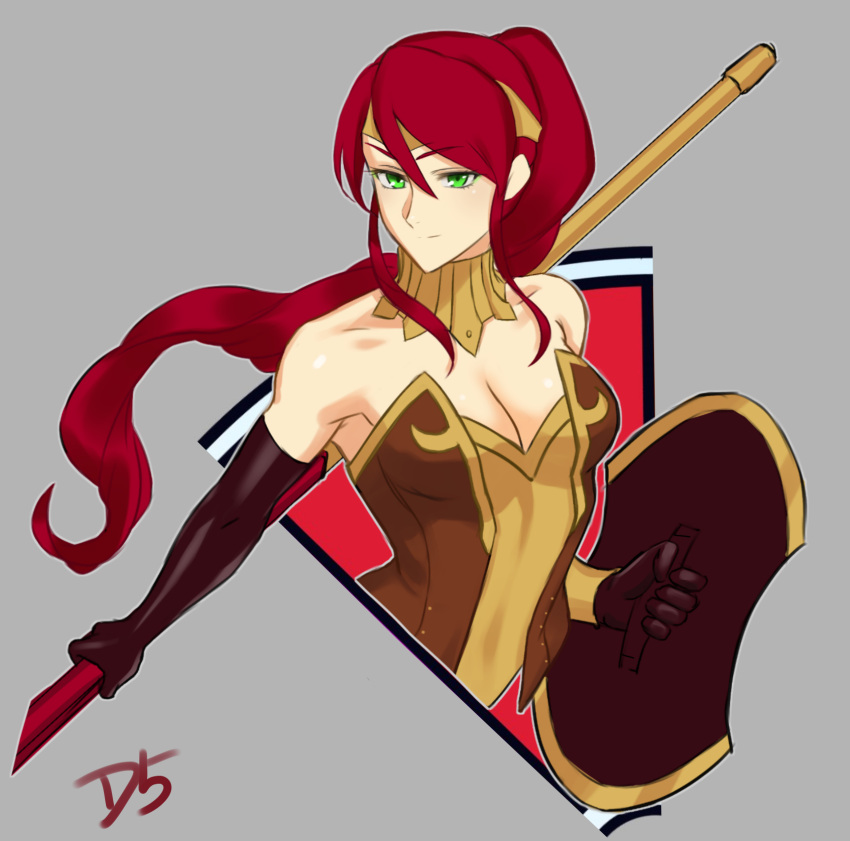 1girl bare_shoulders black_gloves breasts circlet collarbone cropped_torso drill_(emilio) elbow_gloves gloves green_eyes grey_background hair_between_eyes highres holding holding_polearm holding_shield holding_weapon large_breasts light_smile long_hair looking_at_viewer polearm pyrrha_nikos red_hair rwby shield short_ponytail simple_background solo spear strapless upper_body weapon