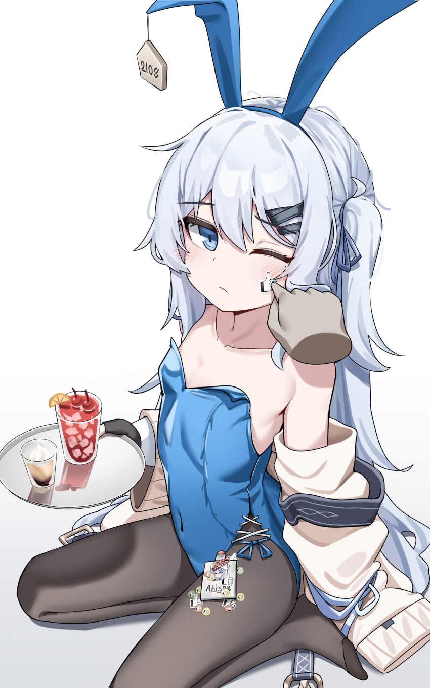 1girl absurdres animal_ears bare_shoulders blue_eyes blue_hair blue_leotard blush breasts clothes_down collarbone cup di_le_to disembodied_limb drink drinking_glass ear_tag fake_animal_ears highres holding holding_tray jacket leotard light_blue_hair long_hair looking_at_viewer no_shoes one_eye_closed original pantyhose playboy_bunny rabbit_ears sitting small_breasts solo tray very_long_hair white_jacket
