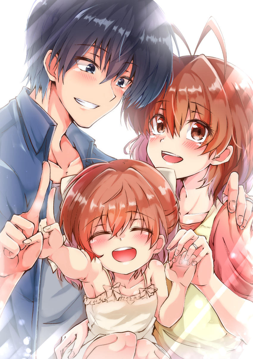 1boy 2girls :d ^_^ absurdres antenna_hair bare_arms blue_eyes blue_hair blue_jacket blush bow brown_eyes brown_hair casual clannad closed_eyes collarbone commentary_request couple dress dress_bow eyelashes eyes_visible_through_hair family father_and_daughter female_child fingernails furukawa_nagisa grin hair_between_eyes hair_bow hand_on_another's_shoulder hetero highres holding_hands index_finger_raised jacket jewelry looking_at_another looking_at_viewer medium_hair mother_and_daughter multiple_girls okazaki_tomoya okazaki_ushio open_mouth ring shinonome_mozuku short_hair simple_background smile spiked_hair teeth upper_teeth_only wedding_ring white_background white_bow white_dress