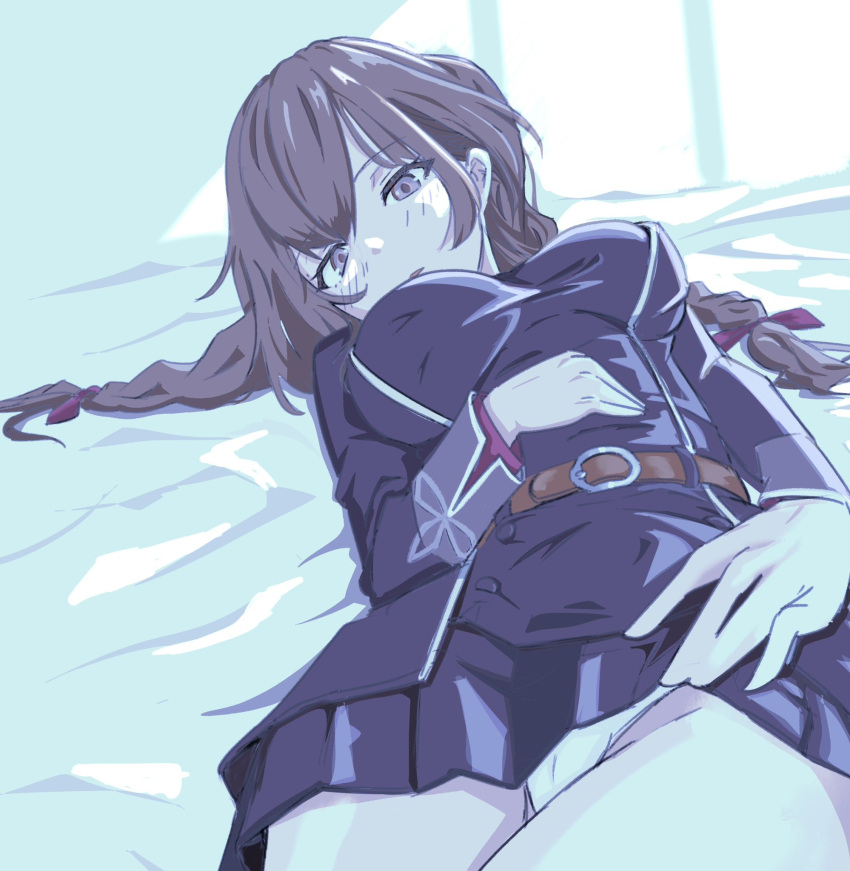 1girl bed belt black_dress braid breasts brown_belt brown_eyes brown_hair chakoru cowboy_shot dress hand_on_own_stomach highres kantai_collection large_breasts long_hair looking_at_viewer lying panties pleated_dress shinshuu_maru_(kancolle) solo twin_braids underwear white_panties