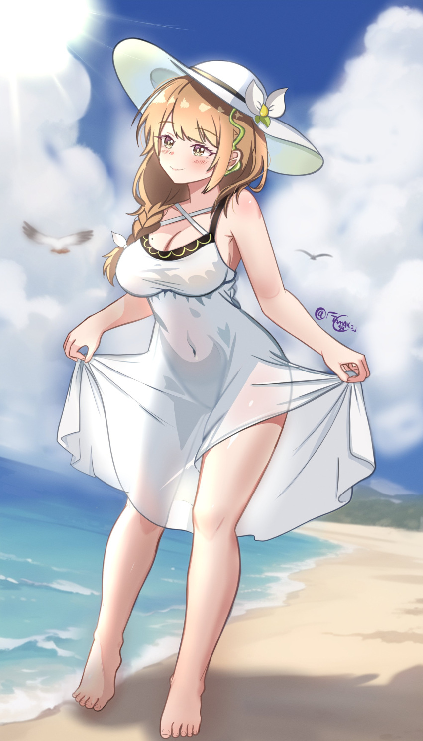 1girl absurdres alternate_costume barefoot beach braid brown_eyes brown_hair closed_mouth cloud covered_navel fire_emblem fire_emblem_engage full_body goldmary_(fire_emblem) hair_ornament hair_ribbon hat highres looking_to_the_side ocean ribbon sand see-through side_braid sky solo sun_hat swimsuit tamaki_(tamaki-sh)