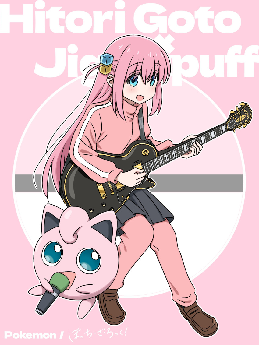 1girl absurdres blue_eyes bocchi_the_rock! crossover cube_hair_ornament electric_guitar full_body gibson_les_paul gotoh_hitori grey_skirt guitar hair_ornament highres instrument jacket jigglypuff long_hair looking_at_viewer oekaki_bibbi one_side_up pants pink_hair pink_jacket pink_pants pink_track_suit pleated_skirt pokemon pokemon_(creature) skirt track_jacket