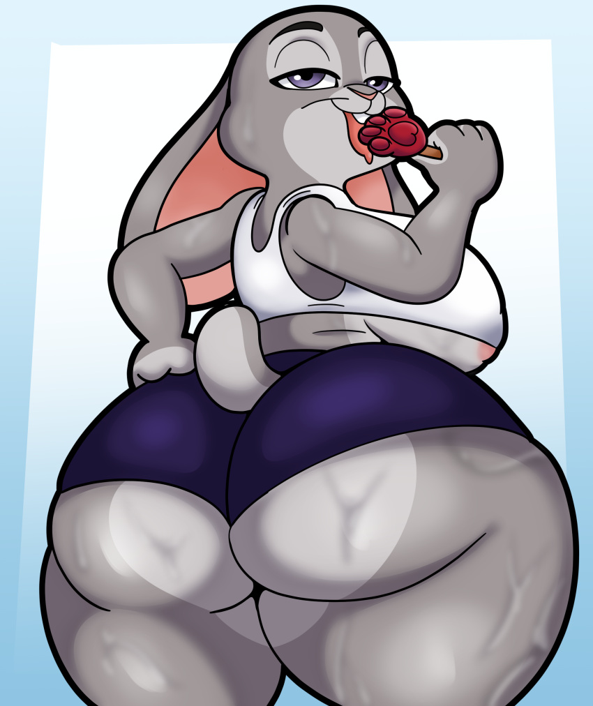 absurd_res anthro areola areola_slip bedroom_eyes big_breasts big_butt bodily_fluids breasts buckteeth butt clothing crop_top disney ears_down female food hand_on_hip hi_res huge_breasts huge_butt judy_hopps lagomorph leporid looking_back mammal narrowed_eyes pawpsicle pivoted_ears popsicle rabbit seductive shirt solo someth1ngoranother sweat teeth thick_thighs tongue tongue_out topwear wide_hips zootopia