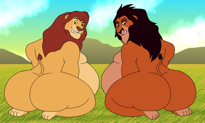 anthro big_butt butt dark_mane disney duo duo_focus felid fur group hi_res lion male mammal mane mufasa overweight overweight_male pantherine presenting presenting_hindquarters red_mane scar_(the_lion_king) the_lion_king wolfox90210 yellow_body yellow_fur