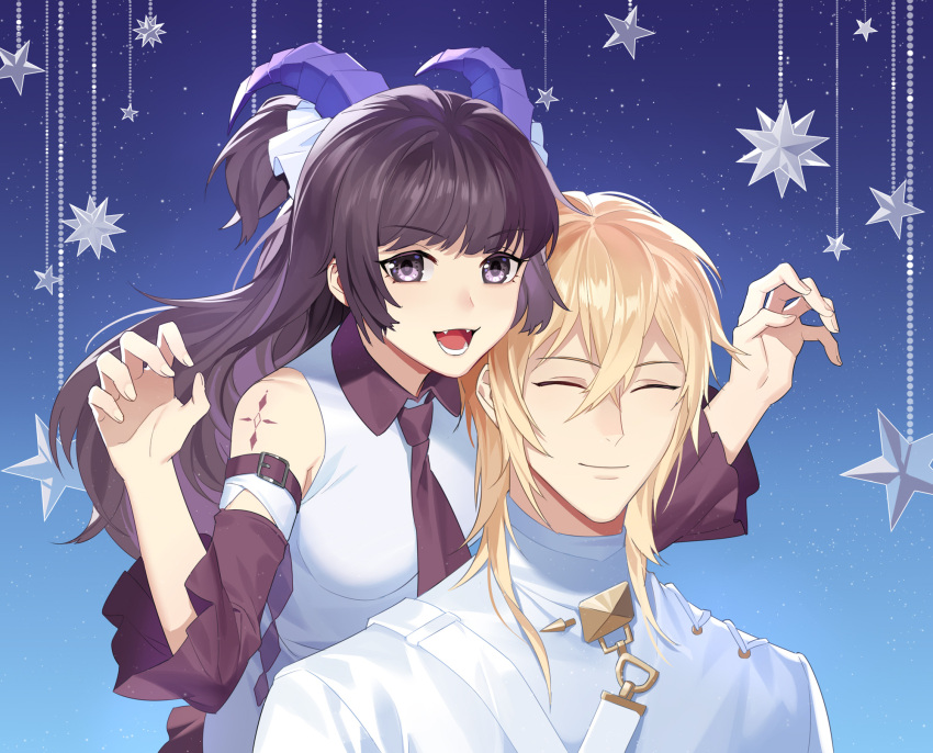 1boy 1girl :d ^_^ aquarius_(artist) arm_belt arm_tattoo black_hair blonde_hair blue_background brooch choppy_bangs claw_pose closed_eyes collared_shirt crossed_bangs curled_horns demon_girl demon_horns detached_sleeves facing_viewer fangs for_all_time gradient_background hair_between_eyes heroine_(for_all_time) highres horns jewelry long_hair long_sleeves looking_at_viewer luchen medium_hair necktie official_alternate_costume portrait purple_eyes purple_necktie purple_skirt purple_sleeves shirt skirt sleeveless sleeveless_shirt smile star_(symbol) stellated_octahedron tattoo teeth turtleneck two_side_up upper_body v-shaped_eyebrows white_shirt