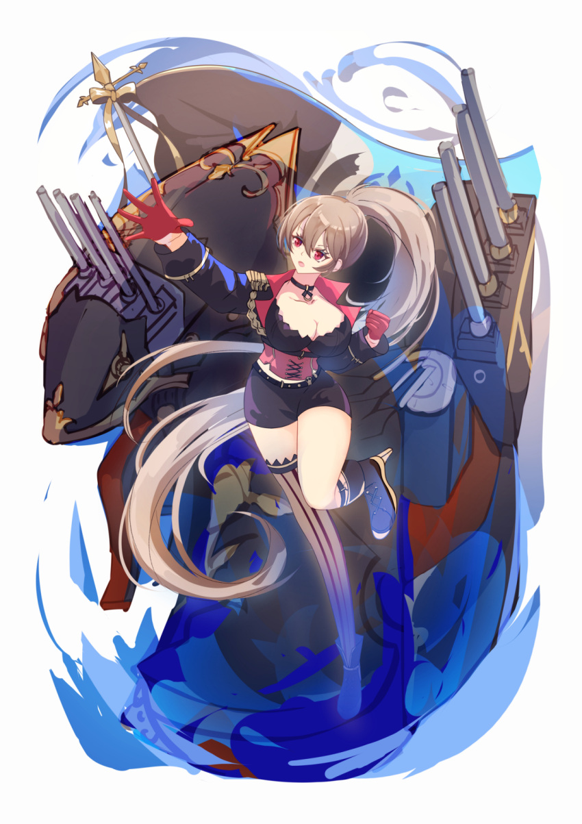 1girl azur_lane boots breasts brown_hair canons choker cleavage corset flag gloves hair_between_eyes half_gloves hane_(feathe02) high_heels high_ponytail highres jean_bart_(azur_lane) knee_boots large_breasts long_hair looking_up o-ring o-ring_choker ponytail red_corset red_eyes shorts single_knee_boot skull_belt solo striped striped_thighhighs thighhighs vertical-striped_thighhighs vertical_stripes very_long_hair vichya_dominion_(emblem)